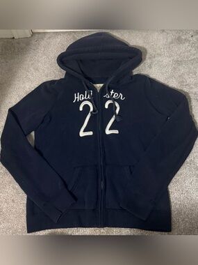 Hollister Dark Navy Zip Hoodie with White Applique